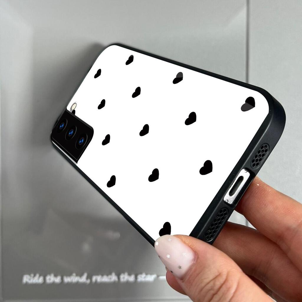 Black Heart Pattern Phone Case for Samsung Galaxy S22+ S22 S21 FE S21+ Acrylic Back TPU Bumper Shockproof Protective Cover, Minimalist Korean Style