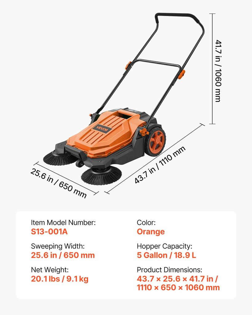 Walk-Behind Hand Push Floor Sweeper, Manual Floor Sweeper Non-Electric with 650mm Sweeping Width, 18.9L Waste Container & Adjustable Folding Handle