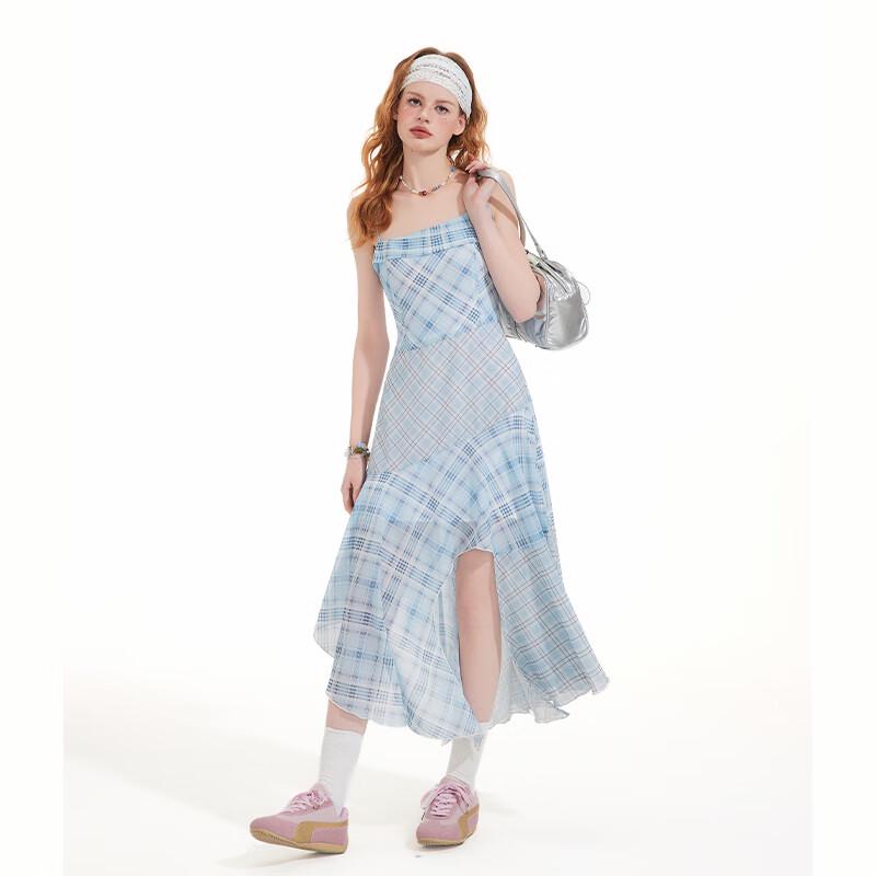 UNIFREE Blue Chiffon Camisole Dress with Plaid Patchwork