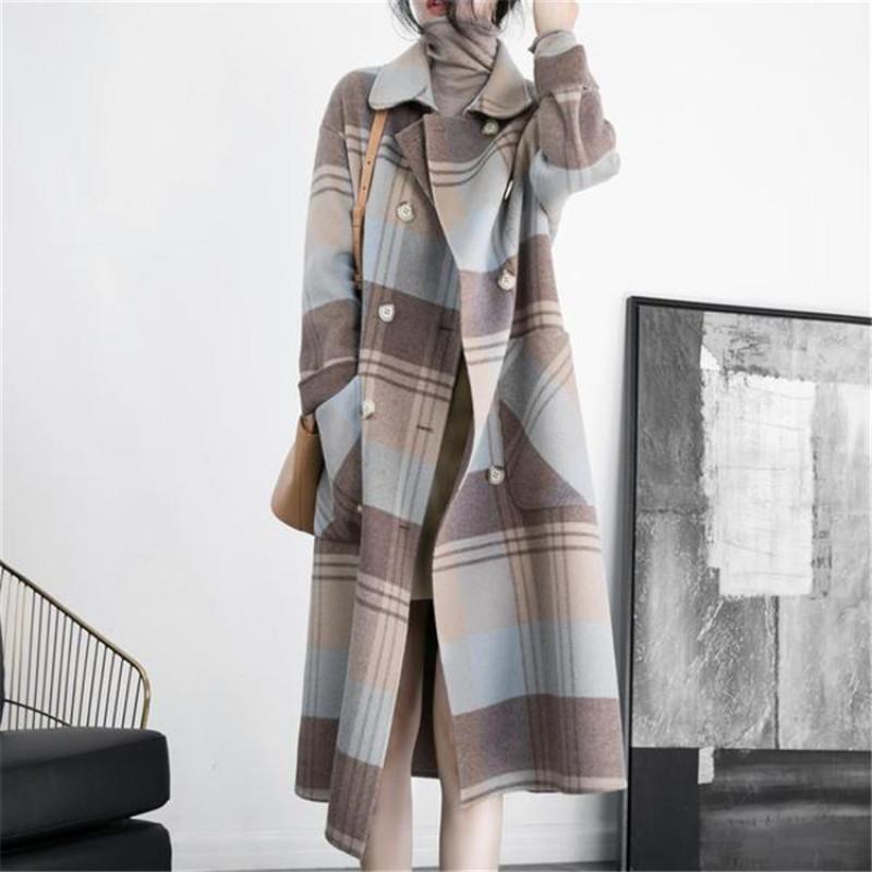Tooxika Plaid Woolen Coat Winter New Style Over Knee Double-breasted Large Pockets Loose Mid-length Coat