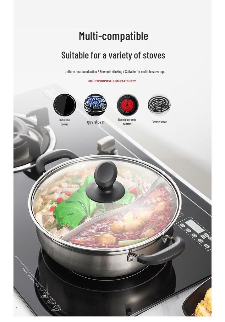 Double Flavor 304 Stainless Steel Hot Pot with Handles - Large Capacity for Clear Soup & Spicy Pot, Induction Cooker Compatible