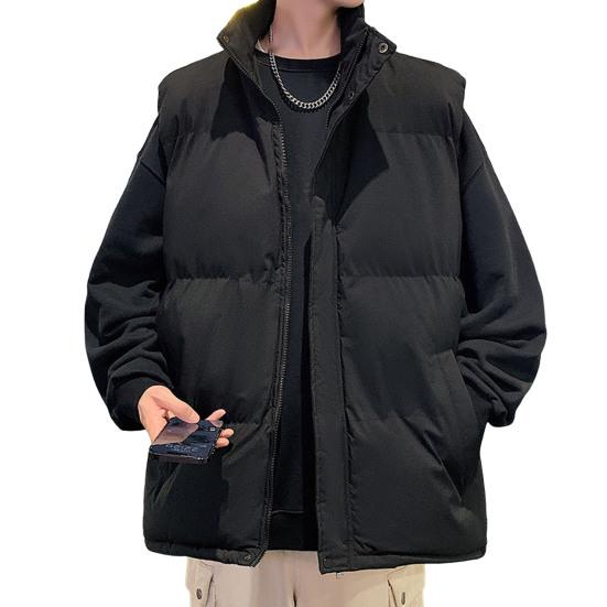 Men Cotton Waistcoat Stand Collar Sleeveless Pockets Quilted Vest Coat Solid Color