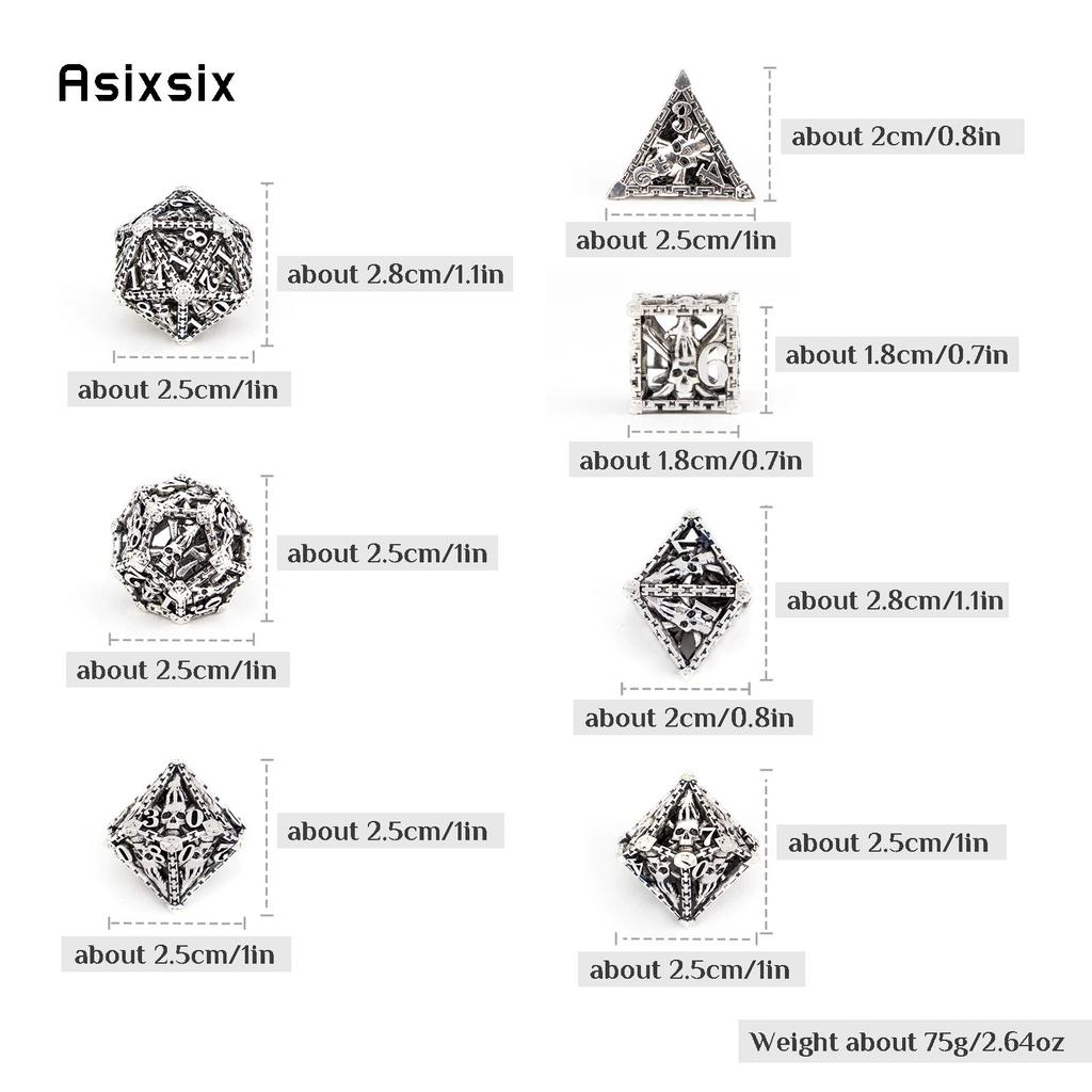 7 Pcs Silver Hand Skull Head Metal Dice Hollow Metal Polyhedral Dice Set Suitable for Role-Playing RPG  Board Game Card Game