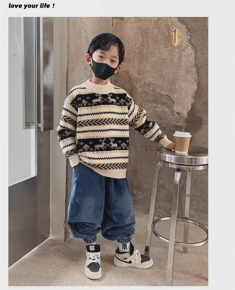 Boys' Thick Knitted Pullover Sweater, Half-High Neck, Autumn/Winter 2023 Collection