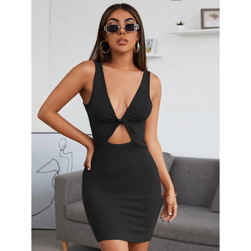 Slim Short Skirt Temperament Navel V-neck Sexy Dress Dress