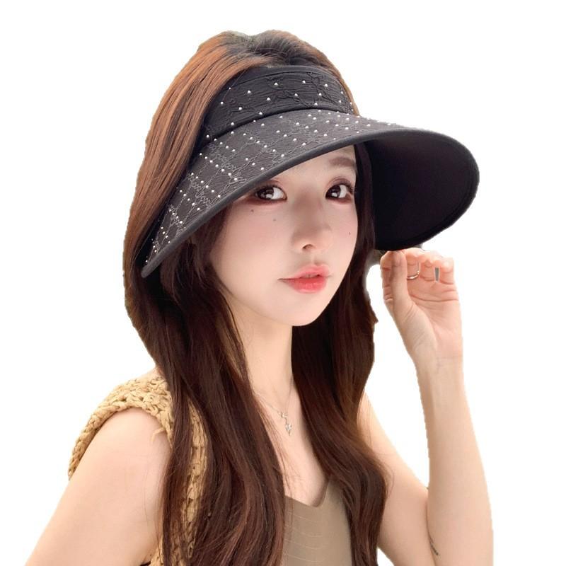 Taizhou Wenling hat women's summer versatile sunshade sunscreen hat fashion lace flower ice silk empty top hat sun hat