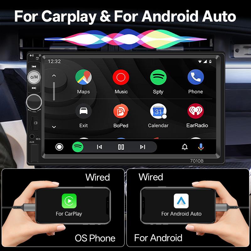 Hippcron 1Din Car Radio Wireless Carplay Android Auto Multimedia Video Player 7inch Touch Screen Support Camera 12v Universal