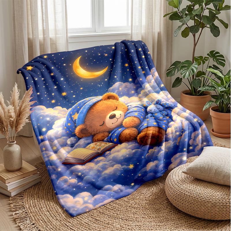 Teddy Bear Hearts Pattern Theme Blanket Lightweight Warm Flannel Blanket Decorative Throw Blanket for Home Decoration