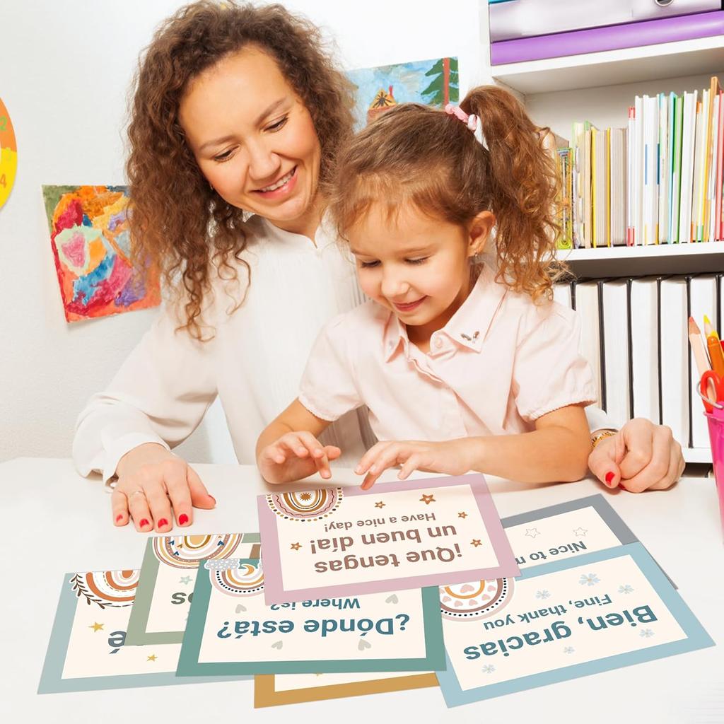 WATINC Spanish Words Phrases Poster - 16pcs Spanish Posters Set Classroom Decorations, Bilingual Study Learning Materials Teacher Supplies, Spanish