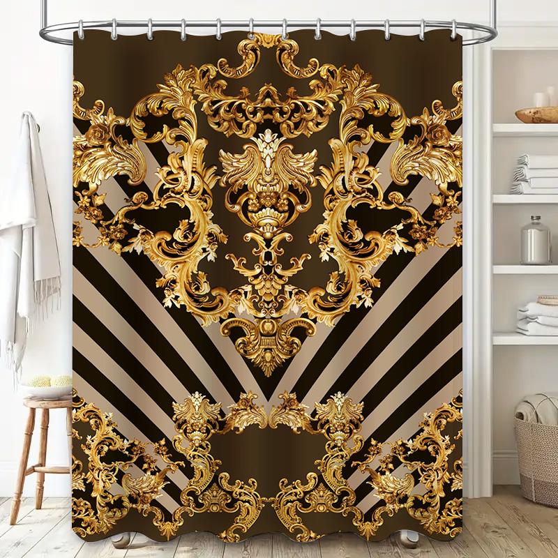 Goldener Barock-Duschvorhang mit schwarzen Streifen Luxus-Dekor Badezimmerzubehör für die Heimdekoration ( Größe: 180x180cm )
