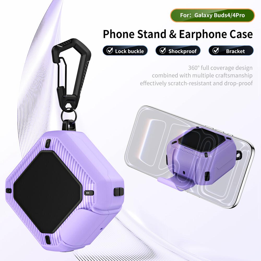 KEYSION Bluetooth Earphone Case for Samsung Buds 4 Pro Silicone+PC With Phone Stand Hook Shockproof Cover for Galaxy Buds4 4 Pro