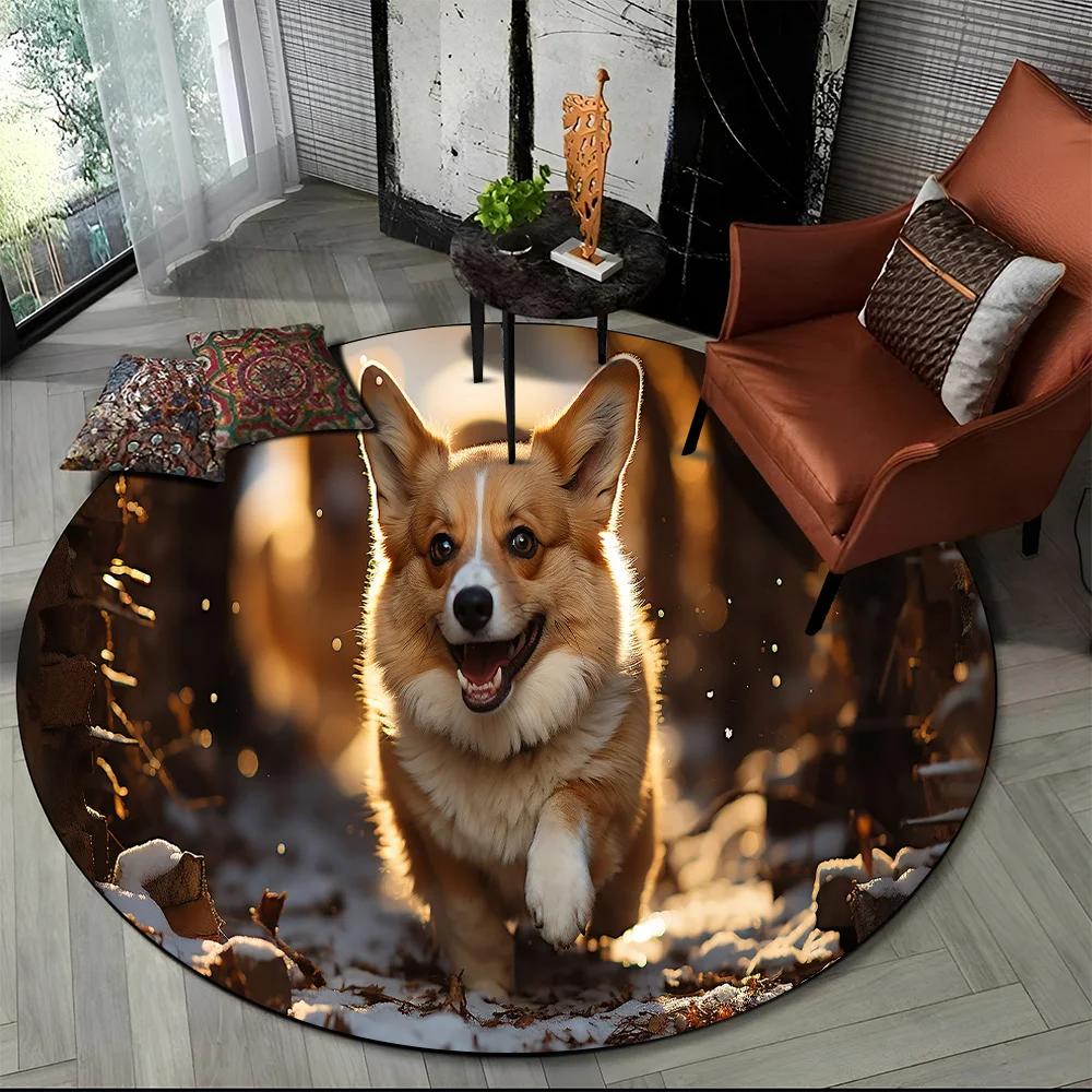 Cute Dog Samoye, Chihuahua, Husky, Koki Cartoon Round Area Rug,Carpet Rug for Living Room Bedroom Sofa Playroom Decor,Non-slip