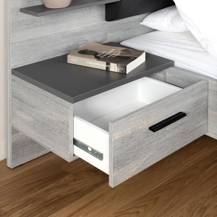 LEONARD Lit adulte 140 x 190 cm + 2 Chevets et Tête de lit en simili - Décor chêne - L 195,7 x P 235,5 x H 90,5 cm