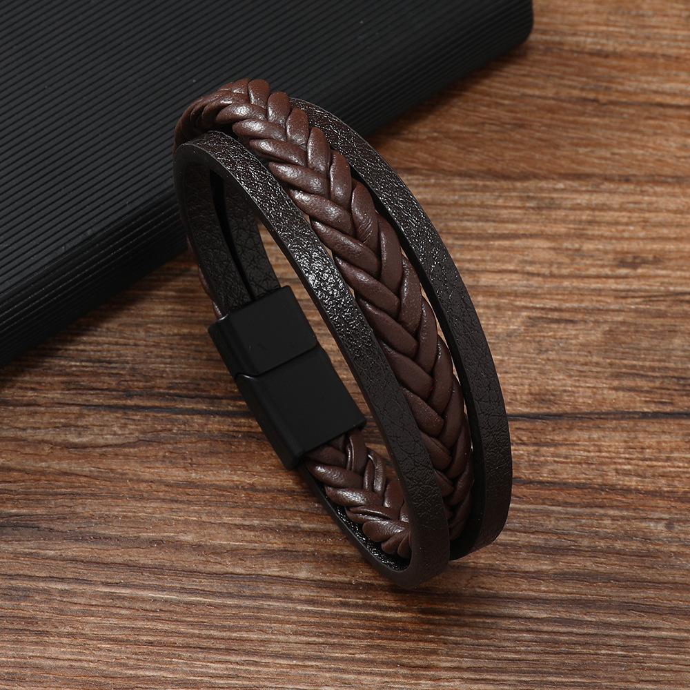 Men's 2023 Retro Leather Cord Woven Bracelet with Magnetic Buckle - European & American Ethnic Style