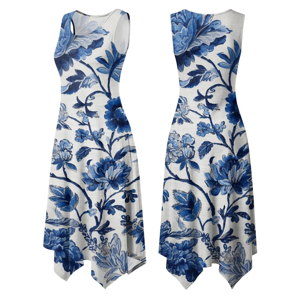 Women Sleeveless Floral Print Dress Casual Round Neck Irregular Hem Mid Length Summer Dress