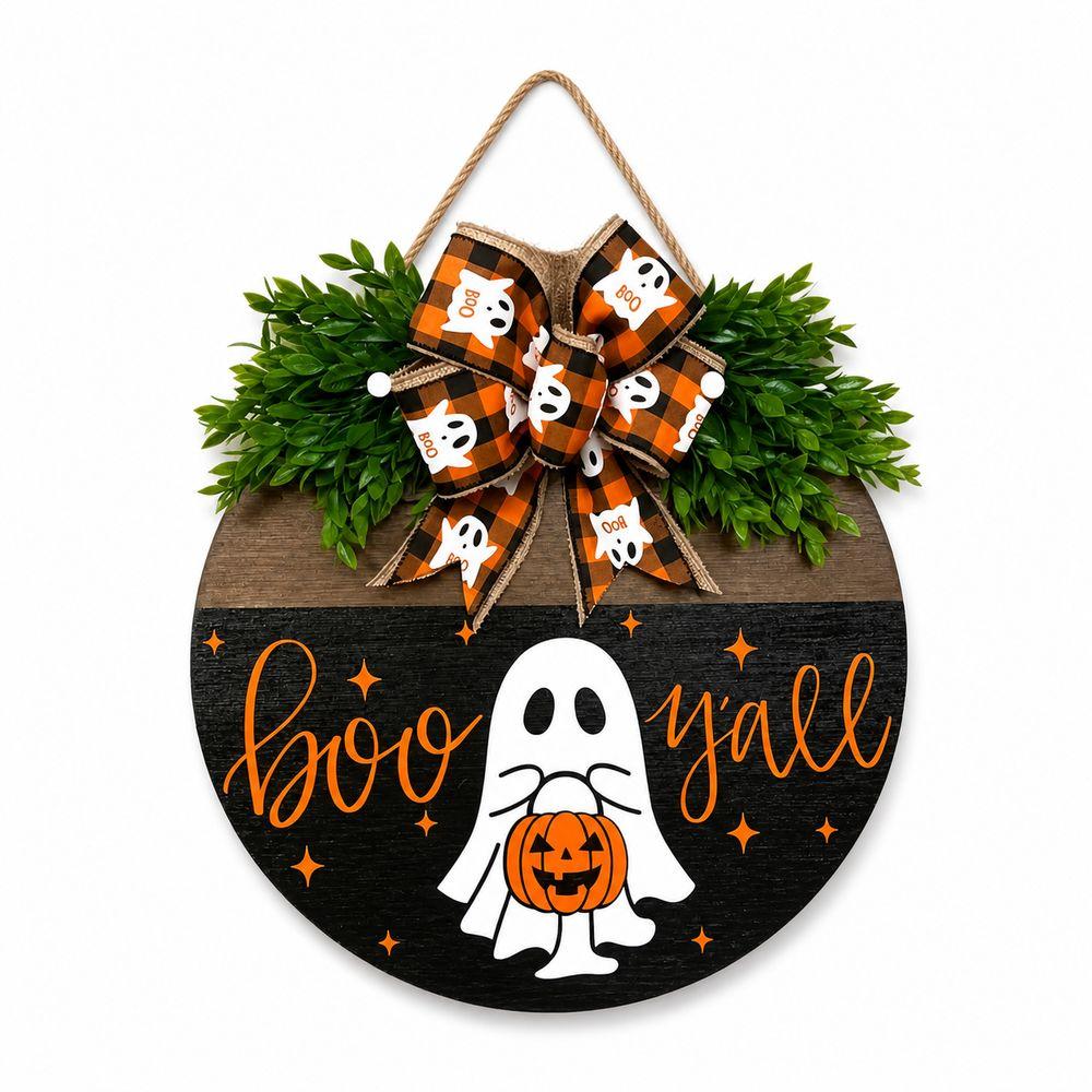 2D Flat Wooden Hanging Door Sign Ghost Round Doorplate Halloween Festival Decoration