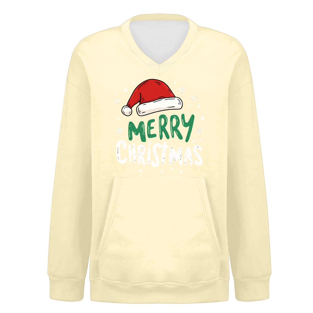 Damen Modisches Weihnachtsdruck Langarm V-Ausschnitt Sweatshirt