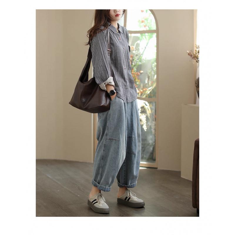 2026 Double-Layer Cotton Women's Plaid Shirt - Korean Style, Loose, Retro, Slimming