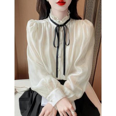 French-style Stand-up Collar Chiffon Blouse for Women, Spring and Autumn 2026 New Model, Bow-tie Lace-up Shirt, High-end Elegant Long-sleeve Top