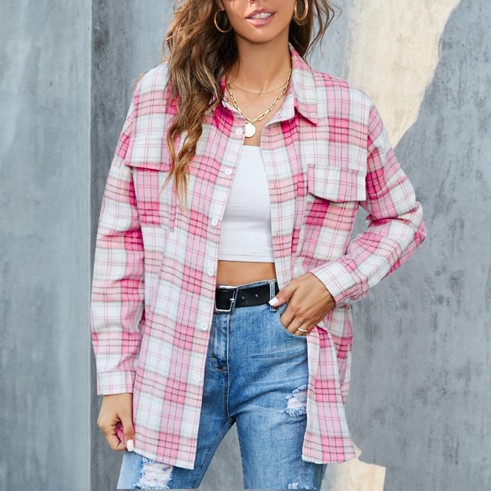 

Женская повседневная рубашка на пуговицах, свободная рубашка с длинными рукавами и карманами XL розовый