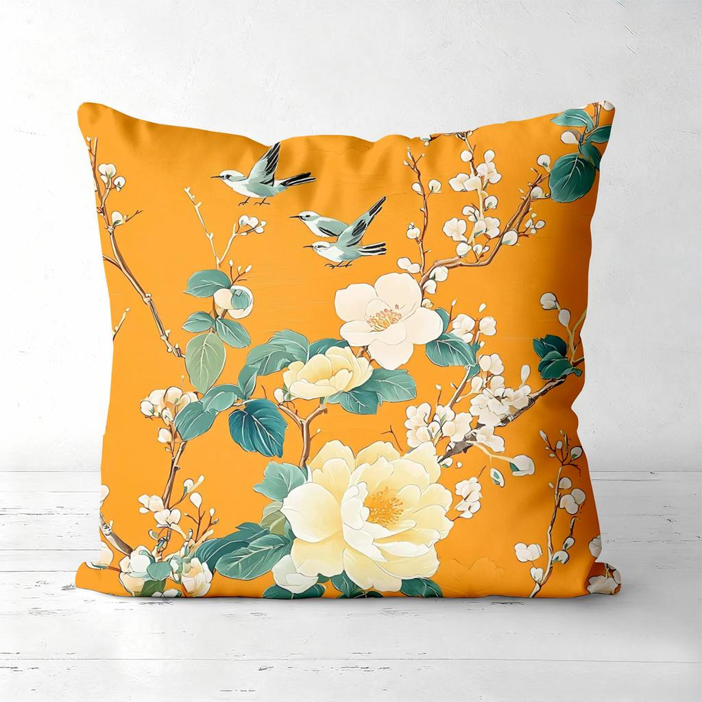 Pieces Orange Cushion Pillow With Bird And Flower Pattern Polyester Pillowcase Sofa Decorative Cushion Cov Headboard Pillow