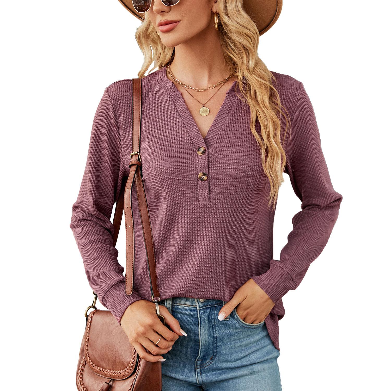 

Весенне-осенняя женская блузка, однотонный свободный топ с длинными рукавами на пуговицах и v-образным вырезом XXL кирпич красный