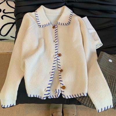 Handgefertigte Strickjacke mit Kontrastfarben für Damen, Herbstneuheit, lässig locker und dünn, Lazy-Style, vielseitiges Oberteil