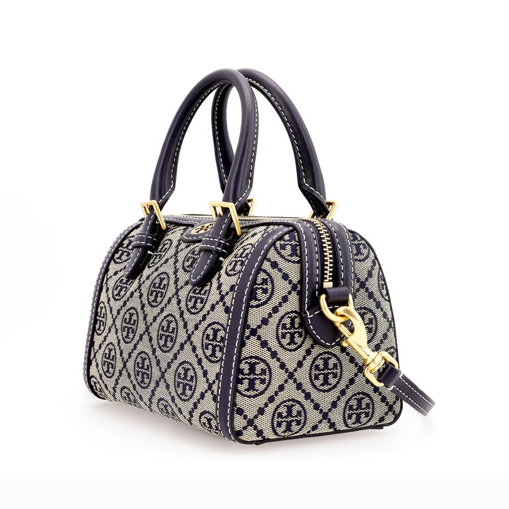 Tory Burch T Monogram Canvas And Leather Boston Bag Women Handbags Navy-Blue 82939-405