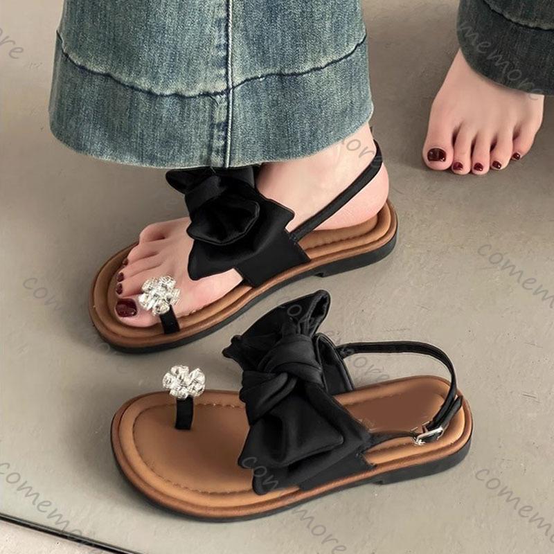 Fashion Comemore Bowknot Rhinestone Women Summer Sandals Flat Bottom Casual Clip-toe Soft Sole Outdoor Back Strap Sandales for Women