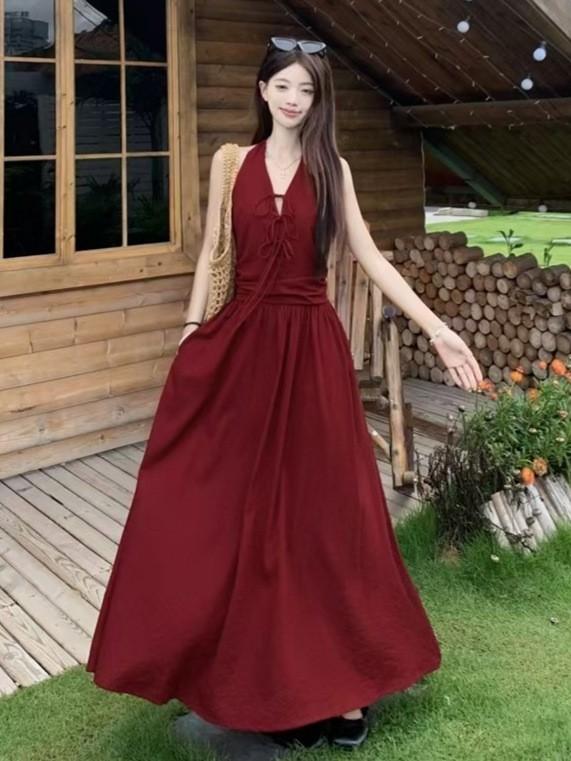 French vacation style red backless sexy sleeveless suspender dress large size thin fairy waist long dress Zixia