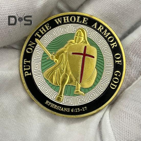 Münze „Rüstung Gottes“, Metall-Souvenirmünze mit 4 cm Durchmesser, „Legen Sie die ganze Rüstung Gottes an“, doppelseitige Herausforderungsmünze für gepanzerte Soldaten für die Militärkirche