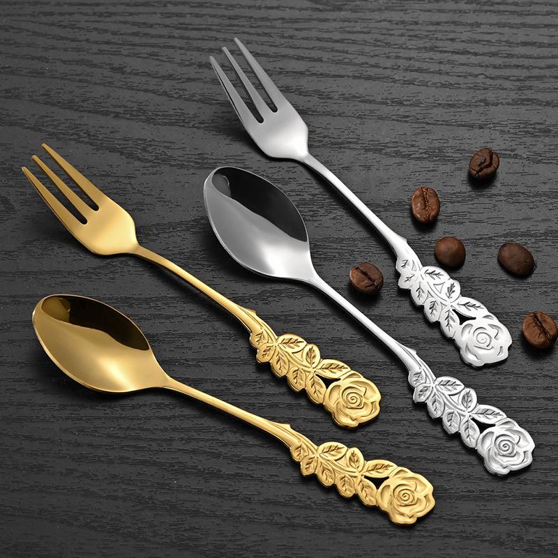 Mini 304 Stainless Steel Teaspoon with Rose Flower Handle Dessert Cake Coffee Ice Cream Stirring Tiny Spoon Tableware