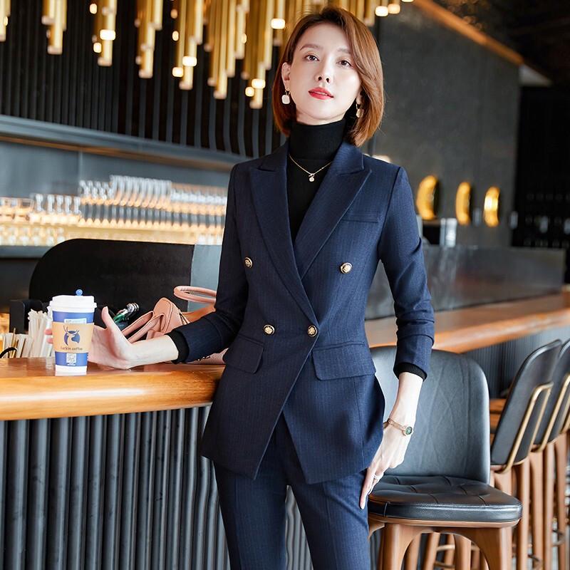 Teluoman Women's Navy Blue Buttoned Professional Suit Set