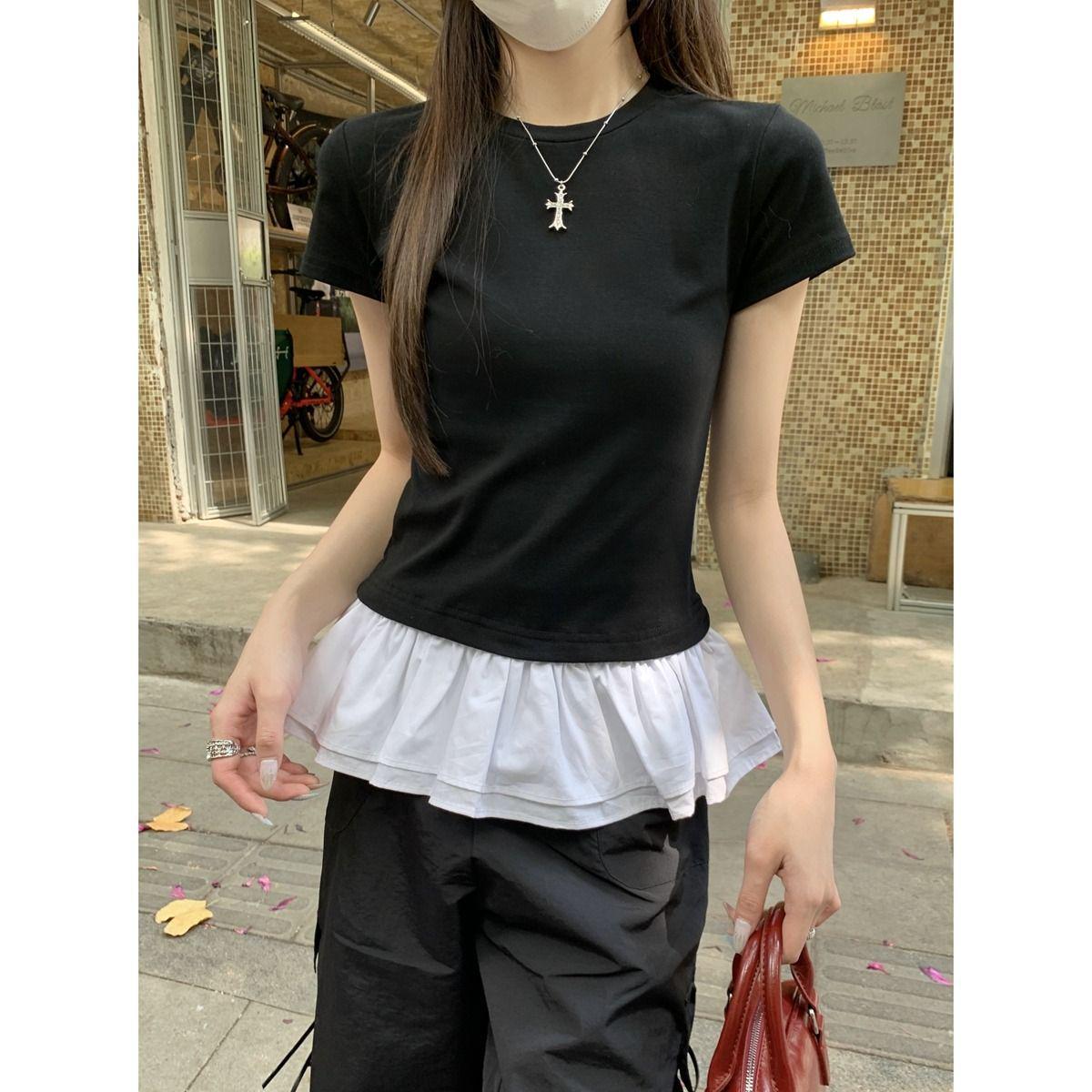 

Женский шикарный топ с короткими рукавами, оборками и лоскутной отделкой, приталенного кроя - Летний тренд Medium чёрный