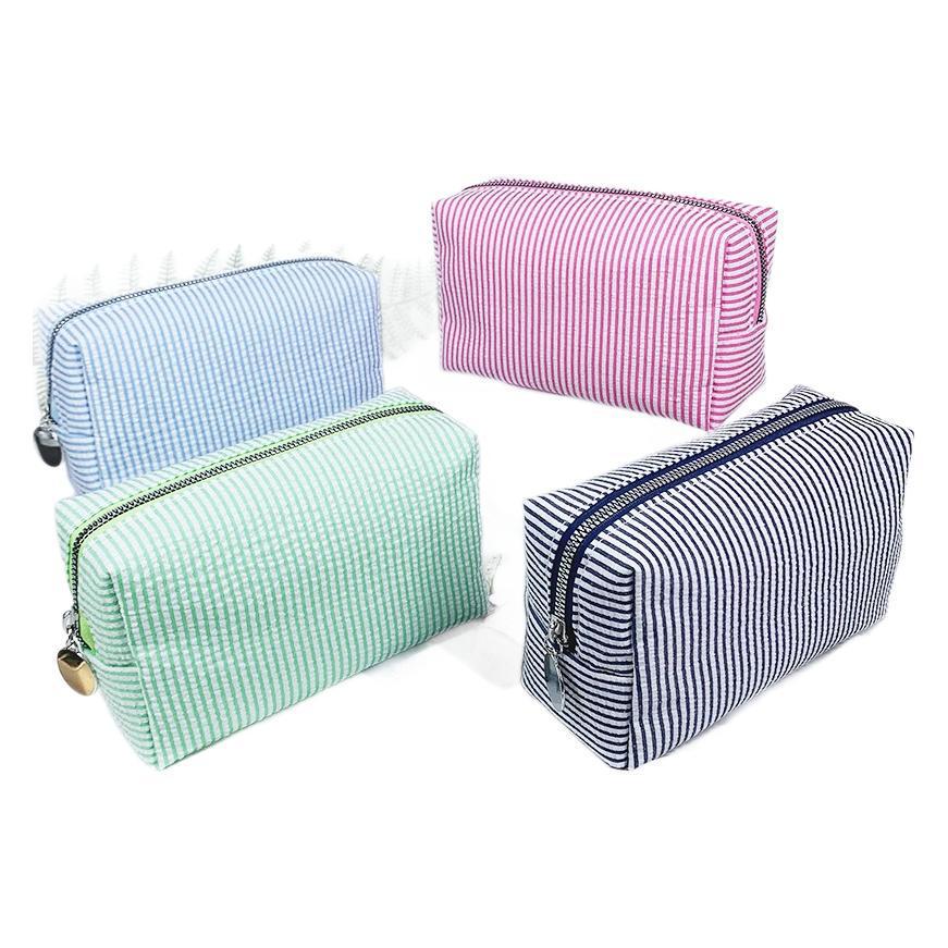 Personalized Seersucker Embroidered Striped Makeup Bag for Travel & Toiletries