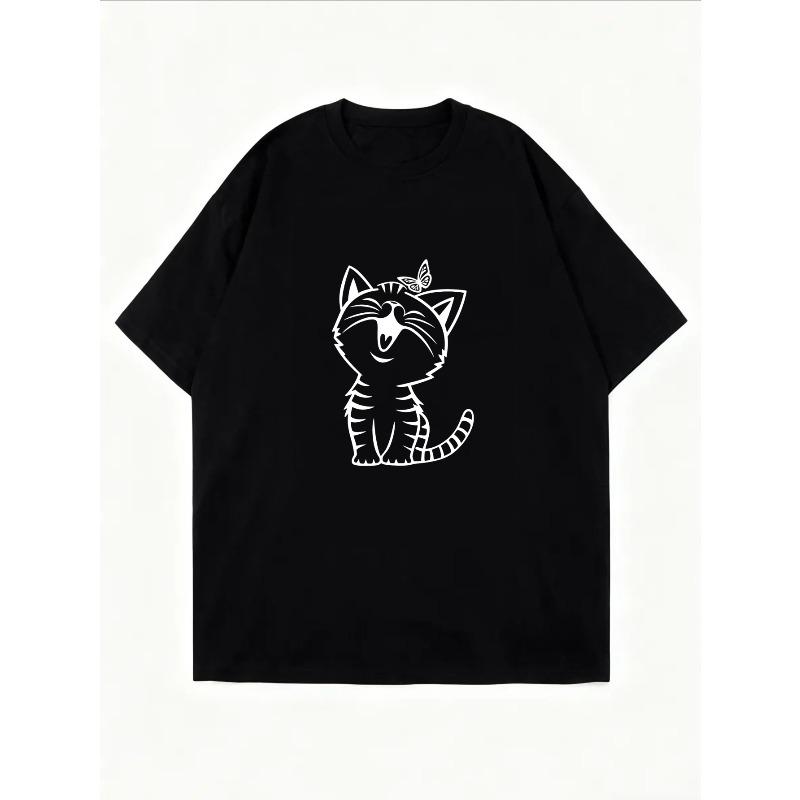 White T-Shirt With Cat Outline Print For Casual Wear