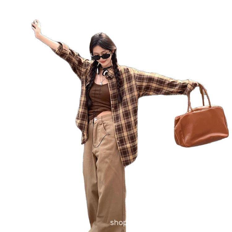 Women's Retro Plaid Long-Sleeve Shirt - Lightweight, Loose-Fit, Sun Protection, Spring/Autumn Style