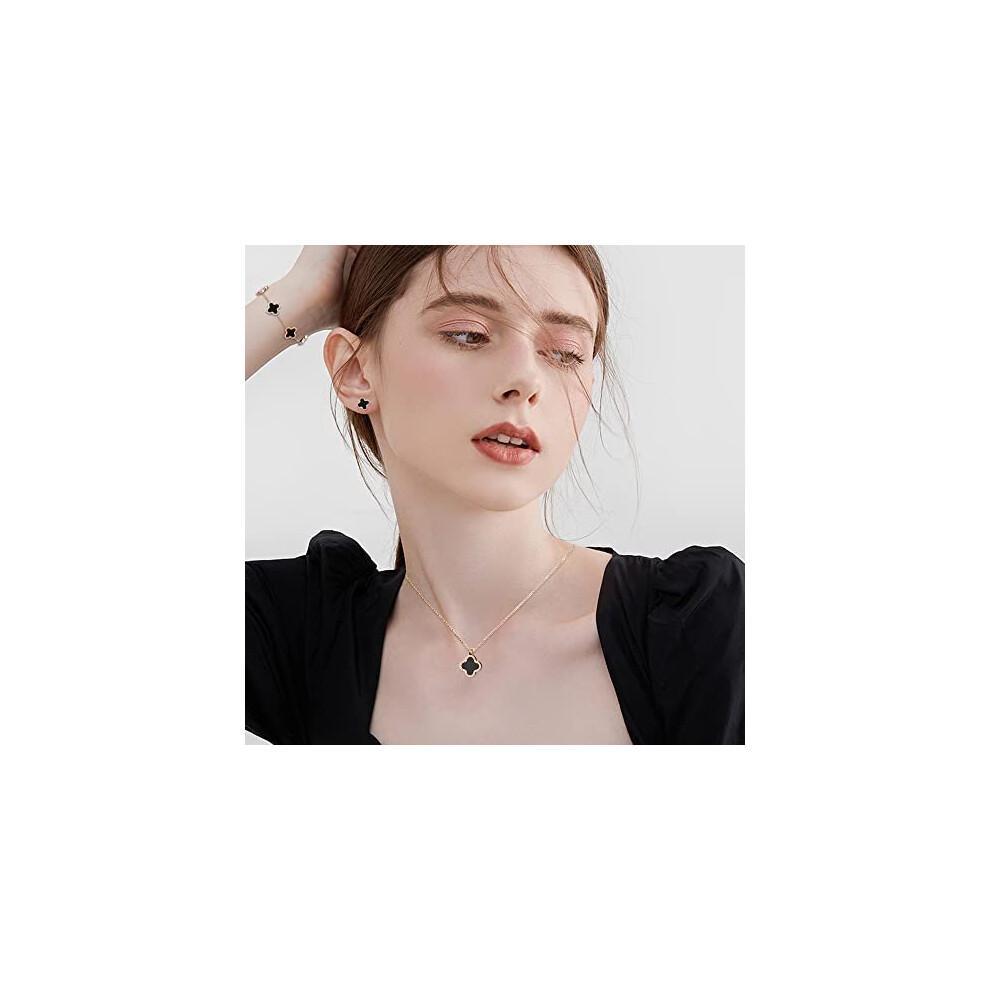 TOFBS Four-Leaf Clover Jewellery Set for Women Girls 18K Rose Gold Plated Stainless Steel Double-sided Four-Leaf Clover Pendant Necklace Stud Earrings