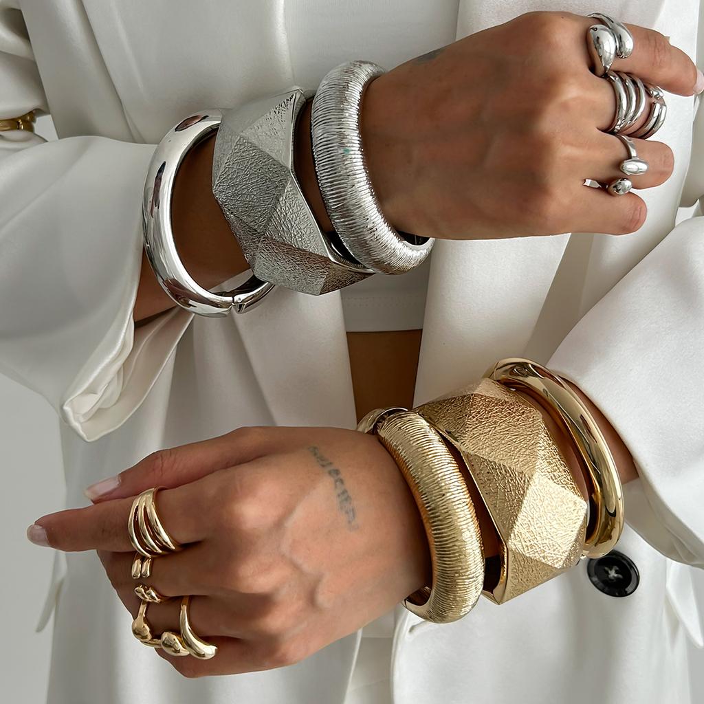 Ingemark 4 Styles Exaggerated Punk Heavy Metal Wide Cuff Bangles Women Hip Hop Geometric Spring Bracelet Steampunk Jewelry Men