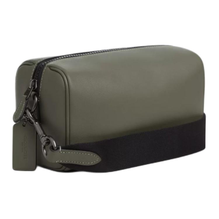 Coach Axel 21 Logo Zip Closure Smooth Calfskin Shoulder Crossbody Bag Small Men Bags Gunmetal Military-Green CV530-QBMGR