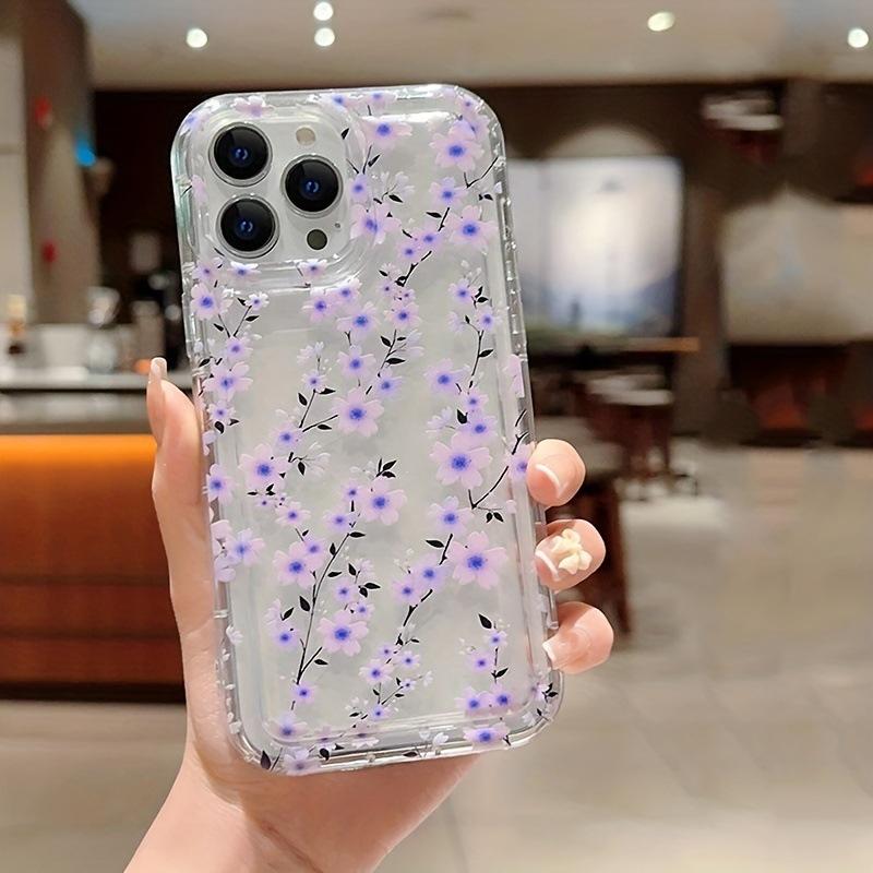 Transparent Purple Flower Branch Apple 15 Mobile Phone Case Iphone14promax Soft Rubber 13/12/11 All-inclusive Anti-drop X/xr