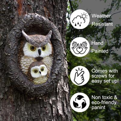 Mother and Child Owl Tree Hole Pendants, Courtyard Decoration, Garden Ornaments, Animal Tree Hangers, Rural Style Ornaments