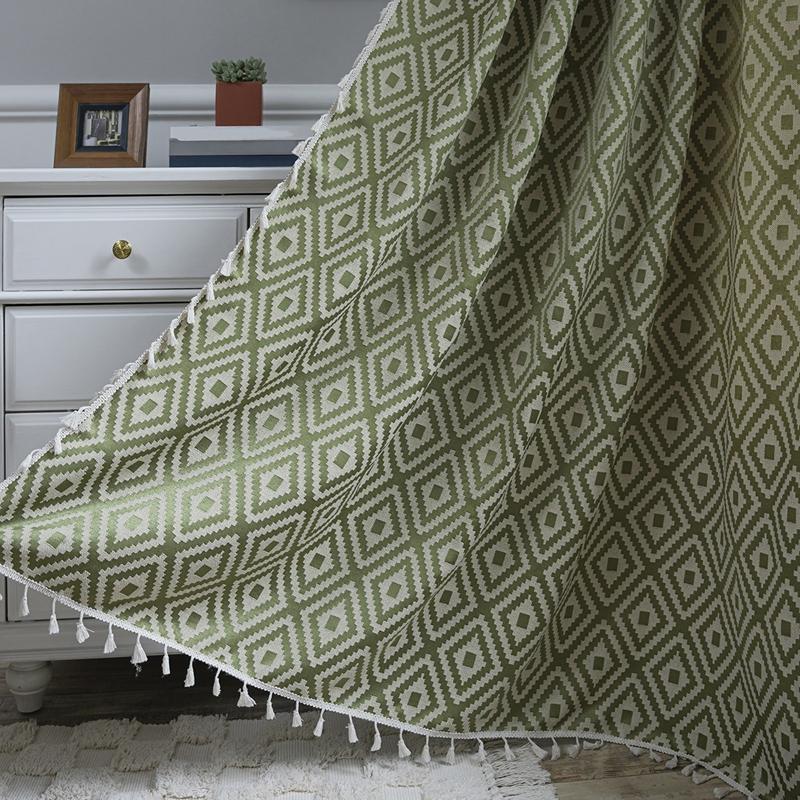 

Amerian Country Style Striped Embroider Finished Curtain With Tassel Blue Color Kitchen Drape Semi-blackout Bedroom Valance W132 x H45cm&Threading Rod