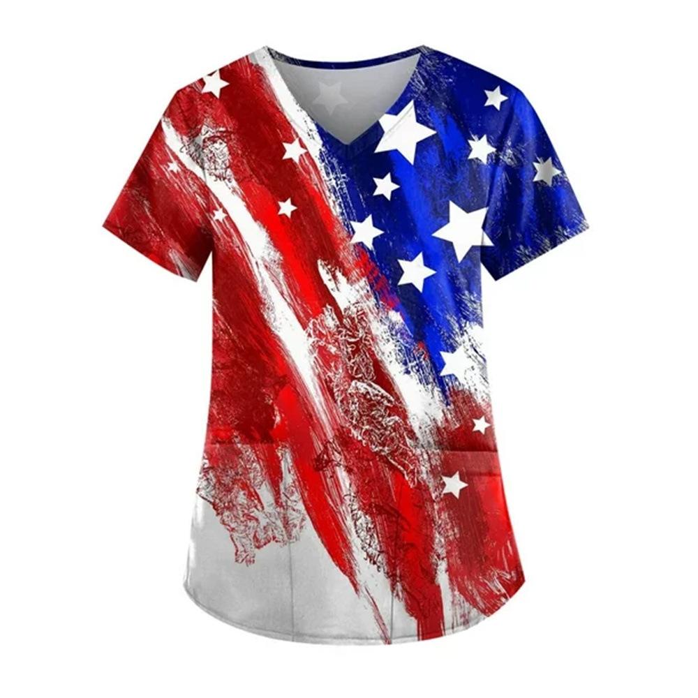Women's T-shirt V-neck Nurse Uniform Star Print Casual Comfortable Short Sleeved Women's T-shirts