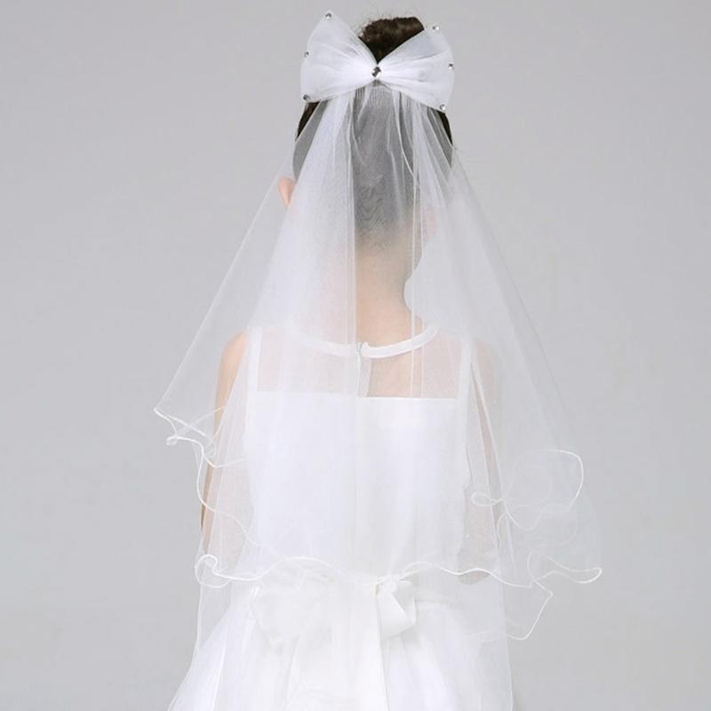 Wedding Veil with Metal Comb Wedding Hair Accessories for Flower Girl 2 Tier Longest Tulle 28" Embellished with Bow