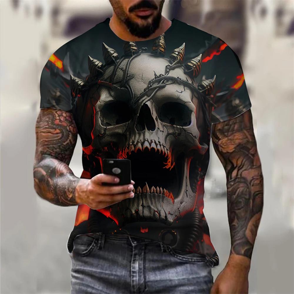 Summer Round Neck 3D Skull Graphic Print Top Fashionable Casual Short Sleeved Men's T-shirts