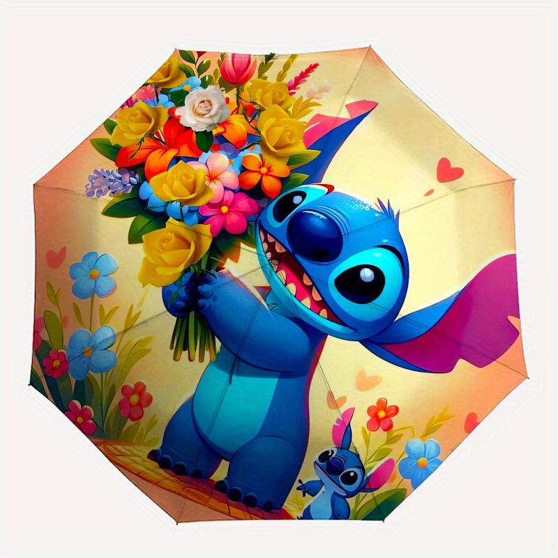 Stitch,Flowers Themed Folding Umbrella, the Best Choice for Gift Giving, 8 Ribs, Casual, Durable, Lightweight and Portable Travel Umbrella,