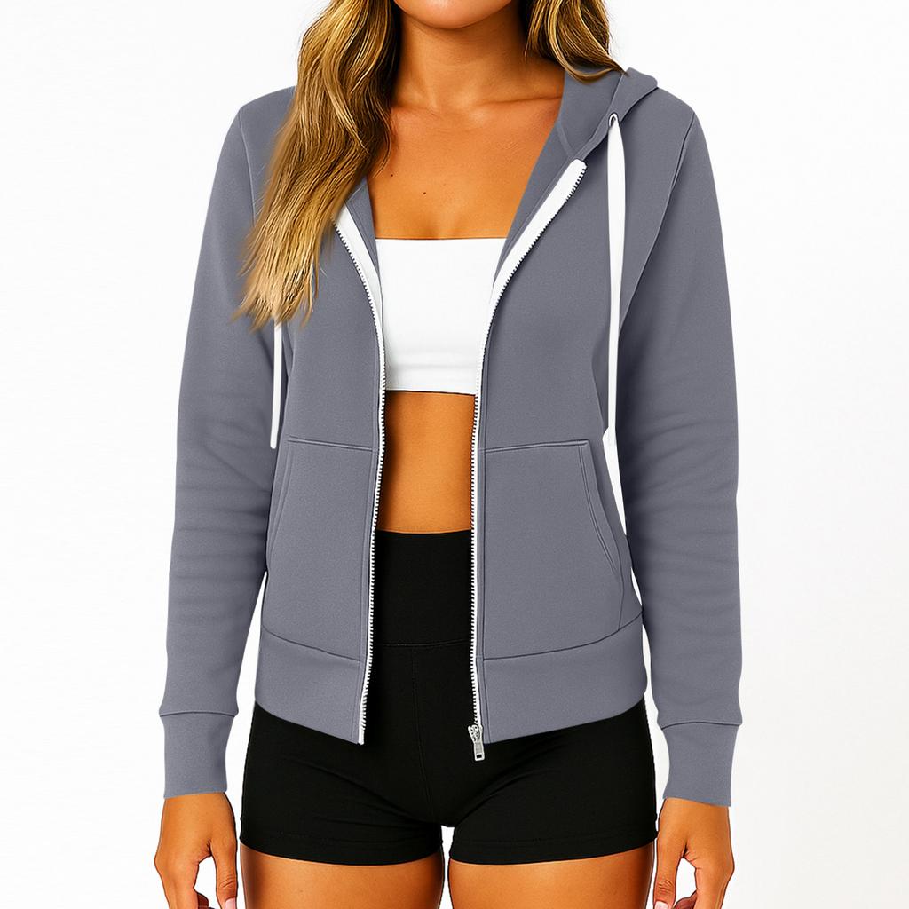Women's Fashionable Solid Color Long Sleeved Hooded Pocket Zipper Casual Sweatshirt Jacket