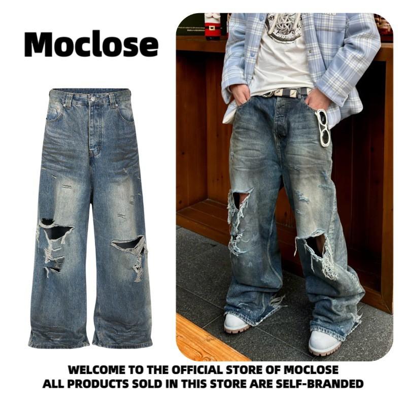 Mens Loose Fit Straight Leg Jeans Vintage Distressed Ripped Denim Pants Youth