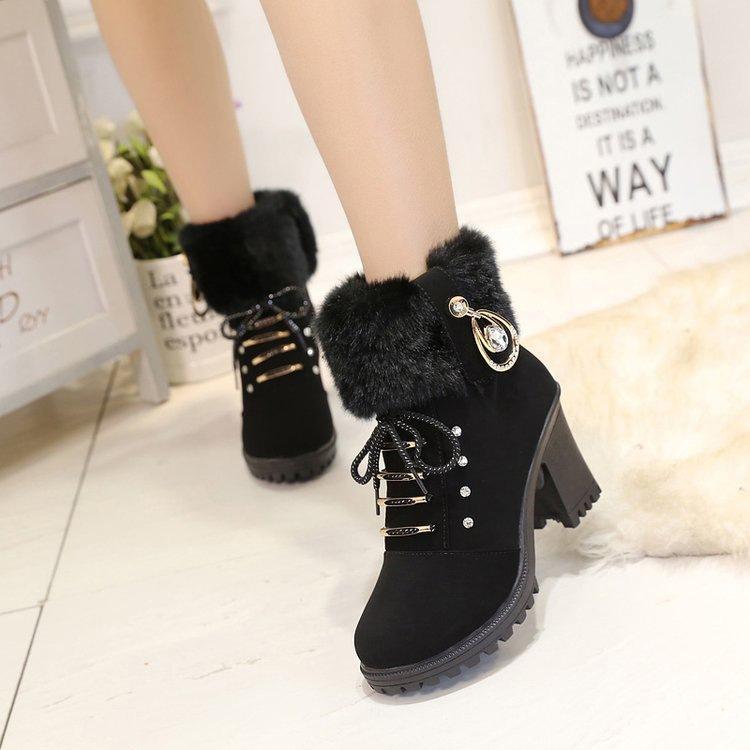 

Winter new rhinestone high heel thick heel fluffy mouth short boots velvet Martin boots women s large size women s shoes 35